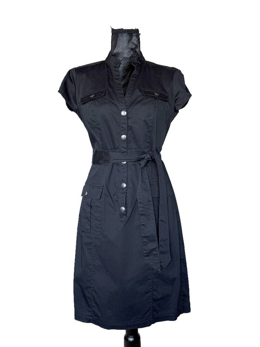 H&M Black Utility Button-Front Belted Midi Shirt Dress Size 8